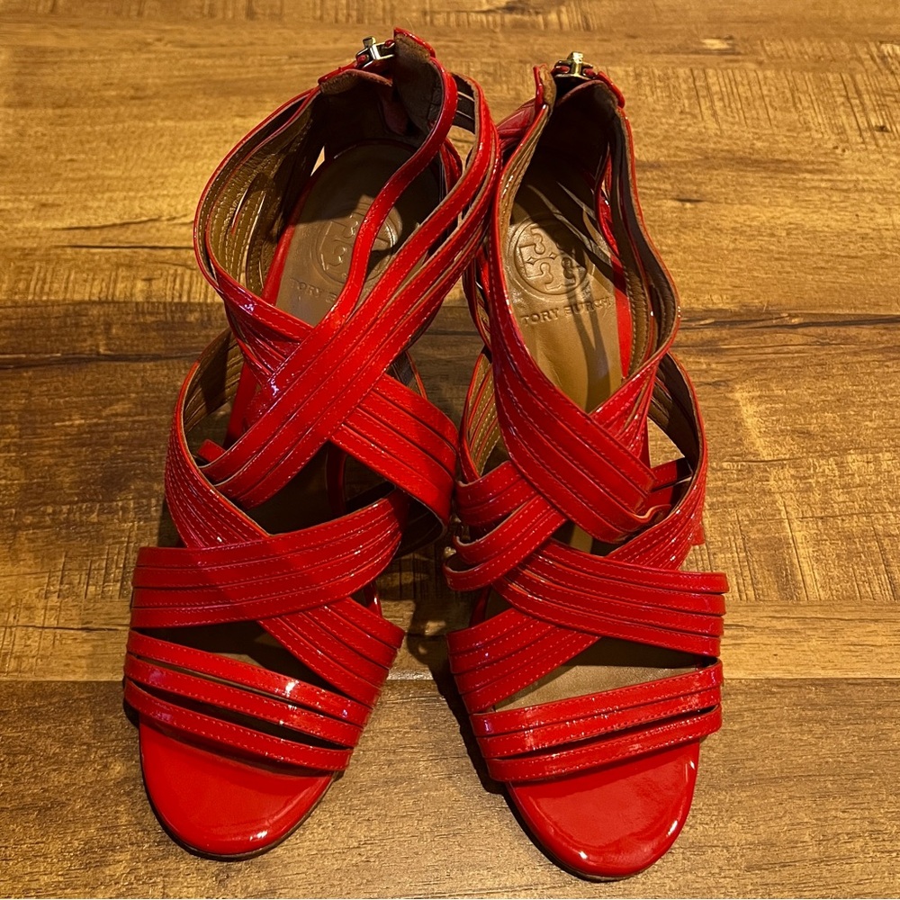 Tory Burch spiked heeled, open toe, strappy red-orange sandal.  Size 8.5
